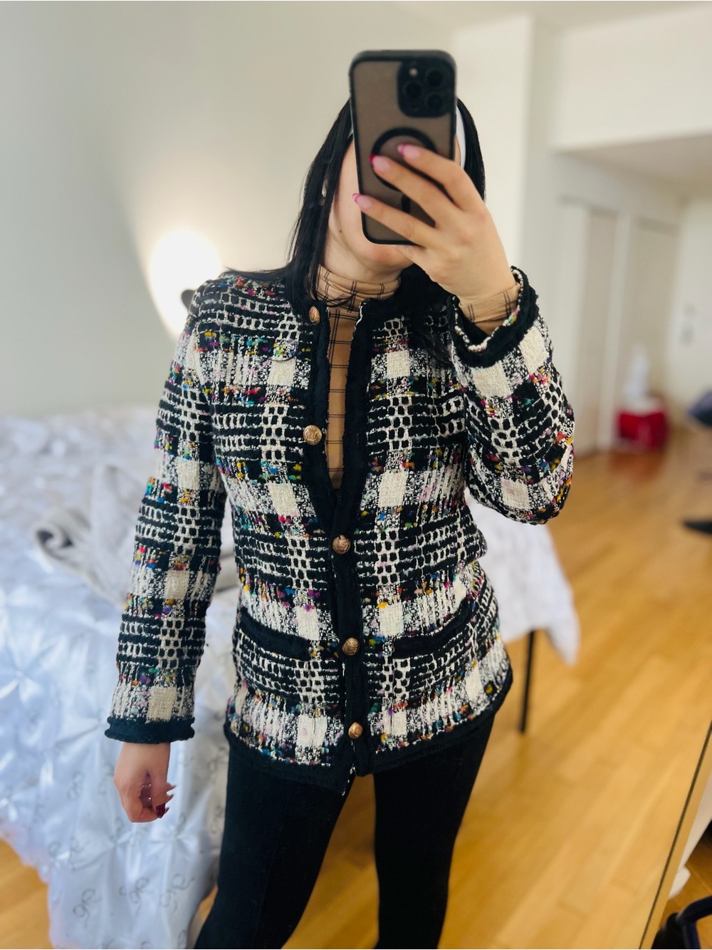 $500 Carlisle Black and White Tweed Plaid Blazer Jacket with Multicolor Accents